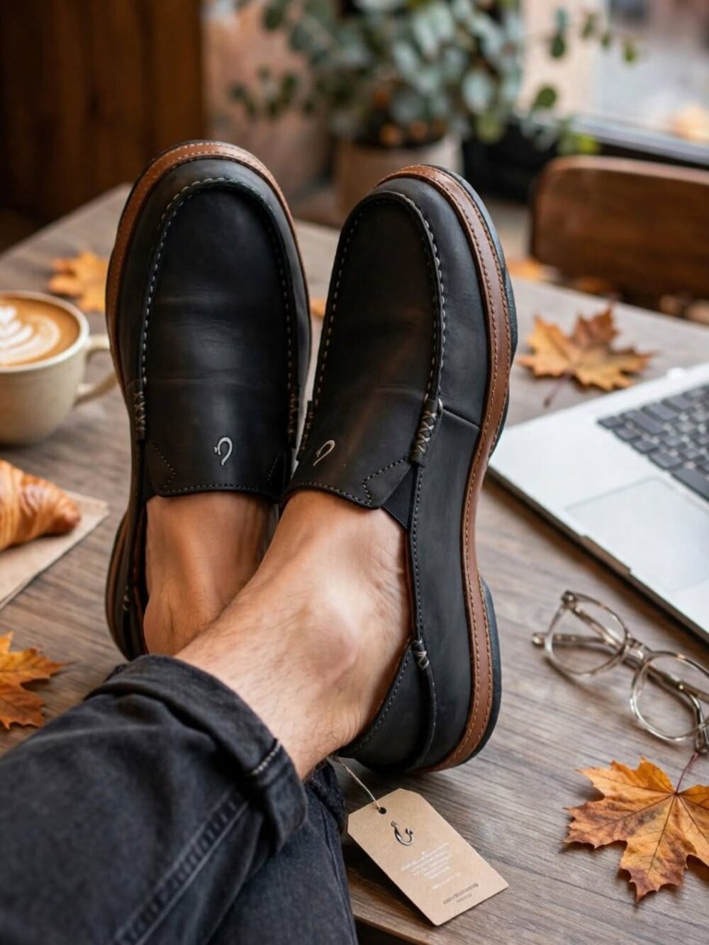 OluKai Moloa Men’s Antique Leather Loafers Shoes Size 10 $140 in Black / Toffee